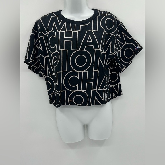 Women's Champion Heritage Cropped Tee, All Over Logo Big Block Text Outline Blac - Picture 1 of 11